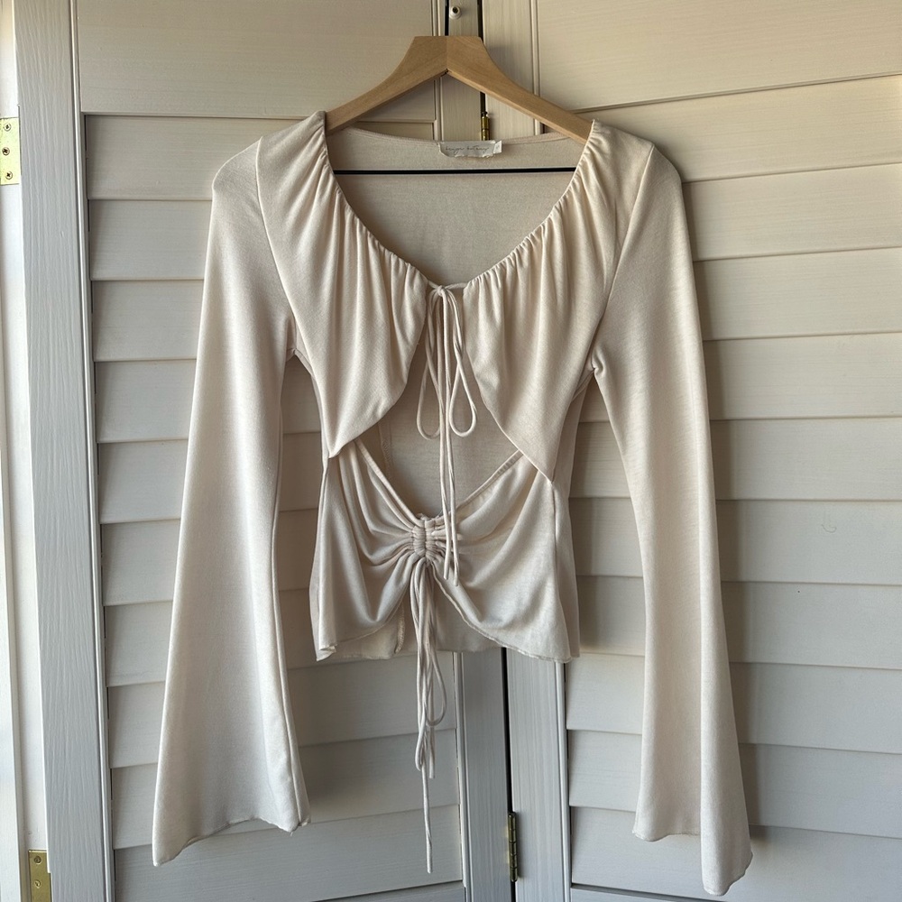 Cream Long Sleeve Cut Out Blouse